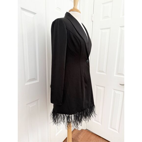 Ieena for Mac Duggal Womens Black Long Sleeve Feathered Trim Tuxedo Dress Size 2 - Picture 2 of 6